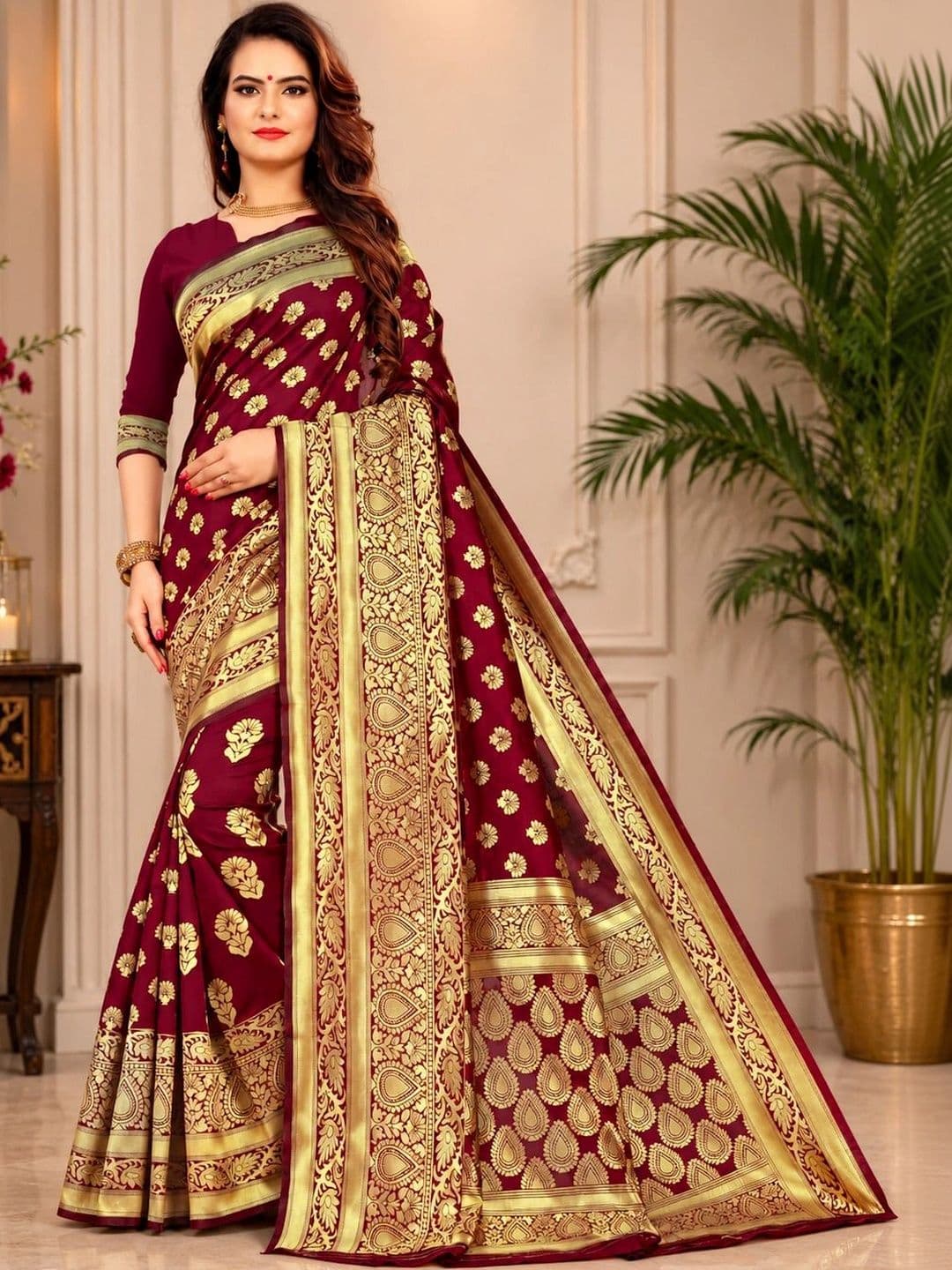 TINA FASHION Floral Zari Art Silk Fusion Banarasi Saree - view 1