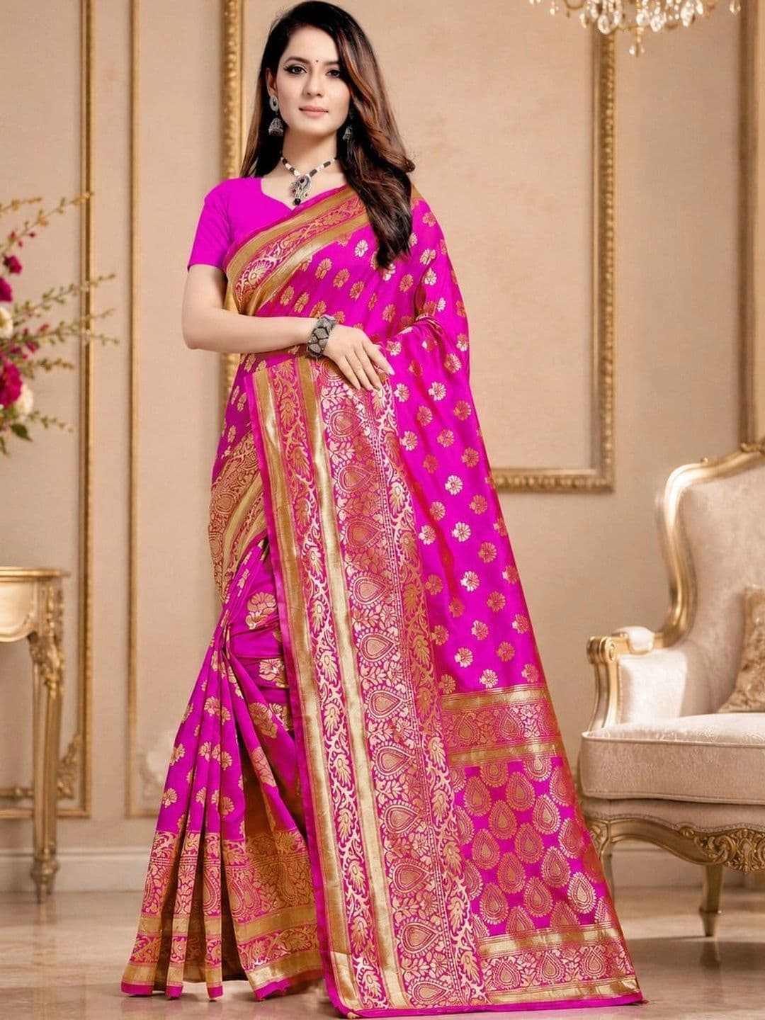 TINA FASHION Floral Zari Art Silk Fusion Banarasi Saree - view 1