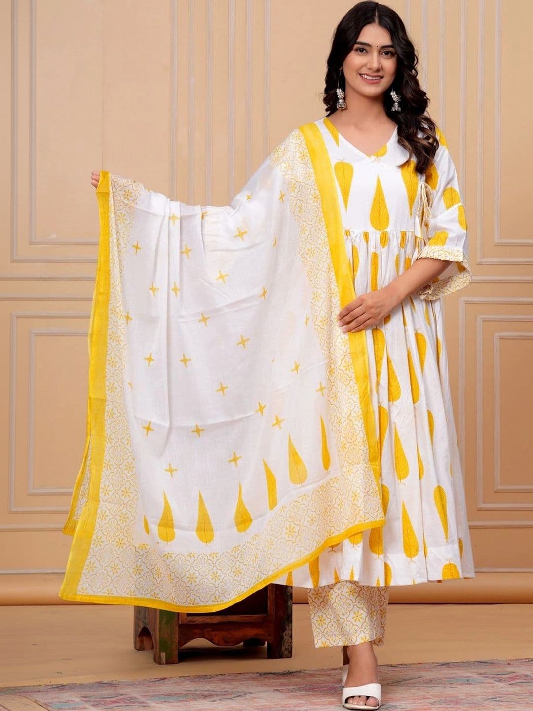 MEERA FAB Women Ethnic Motifs Printed Angrakha Pure Cotton Kurta with Trousers & With Dupatta - view 1