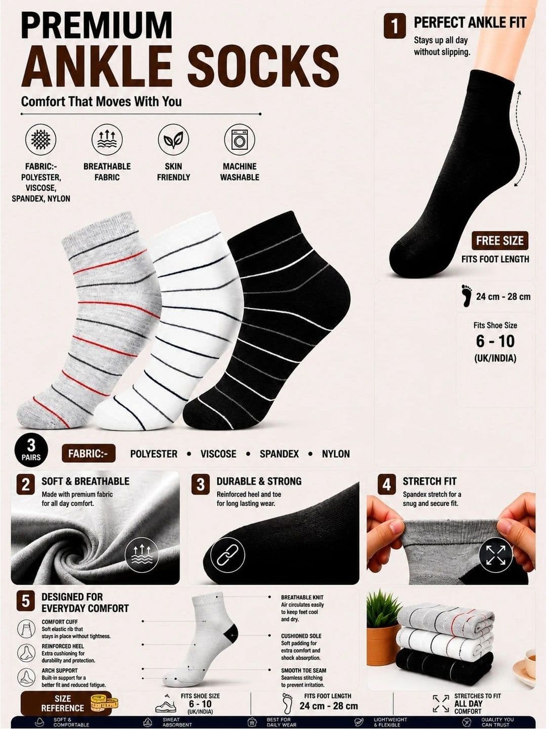 ADDOSSO Men Pack of 3 Cotton Assorted Striped Ankle Length Socks thumbnail 5