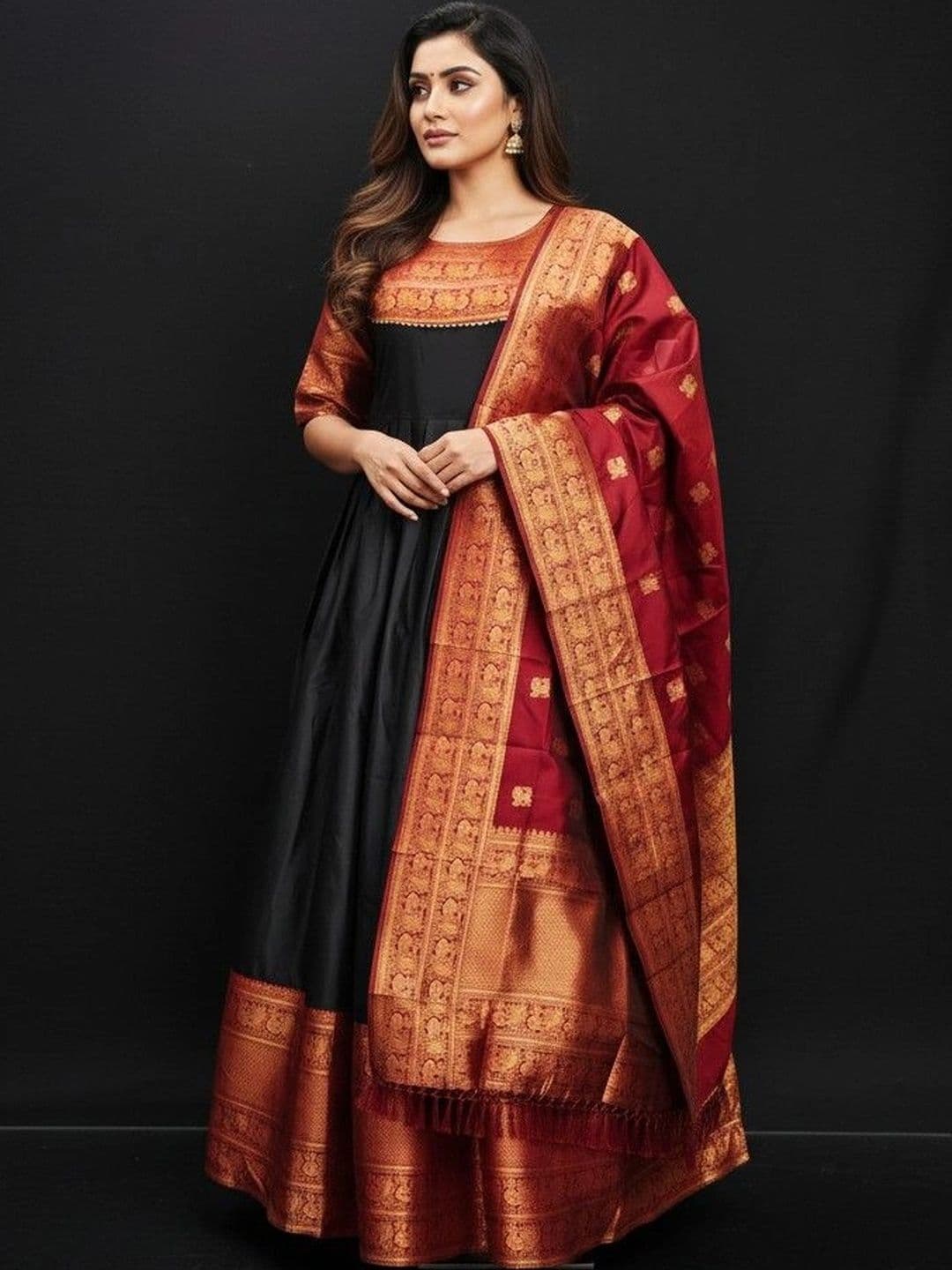 SmileyFashion Woven Round Neck Maxi Ethnic Dress With Dupatta thumbnail 4