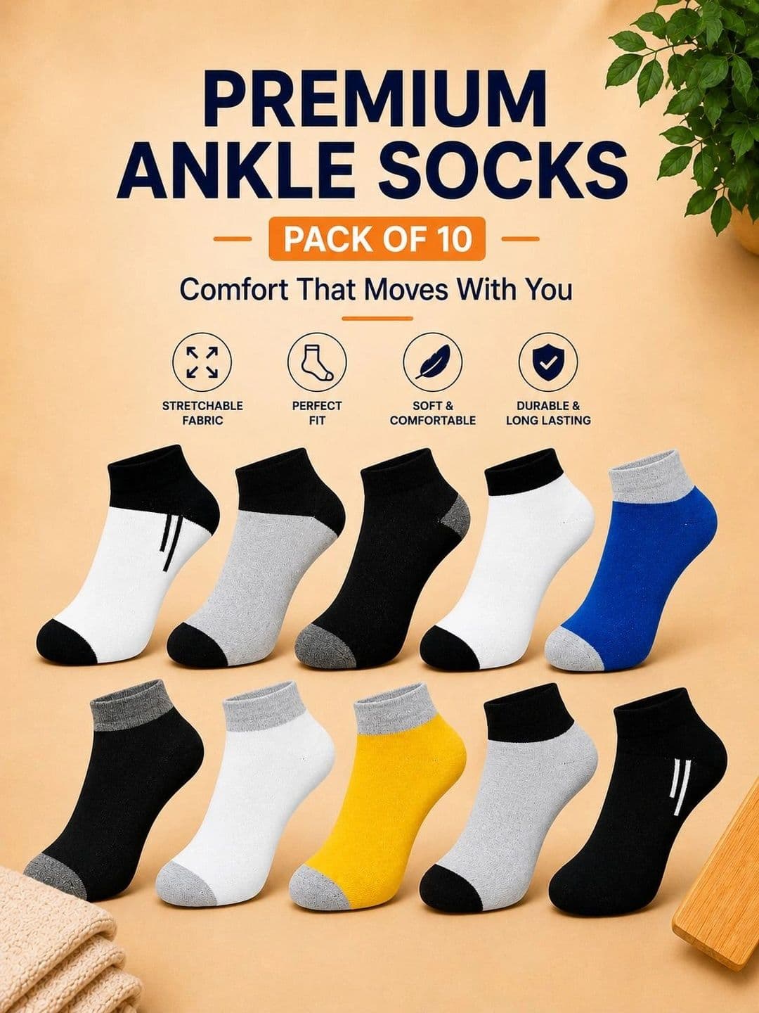 ADDOSSO Men Pack of 10 Cotton Assorted Colourblocked Ankle Length Socks thumbnail 4