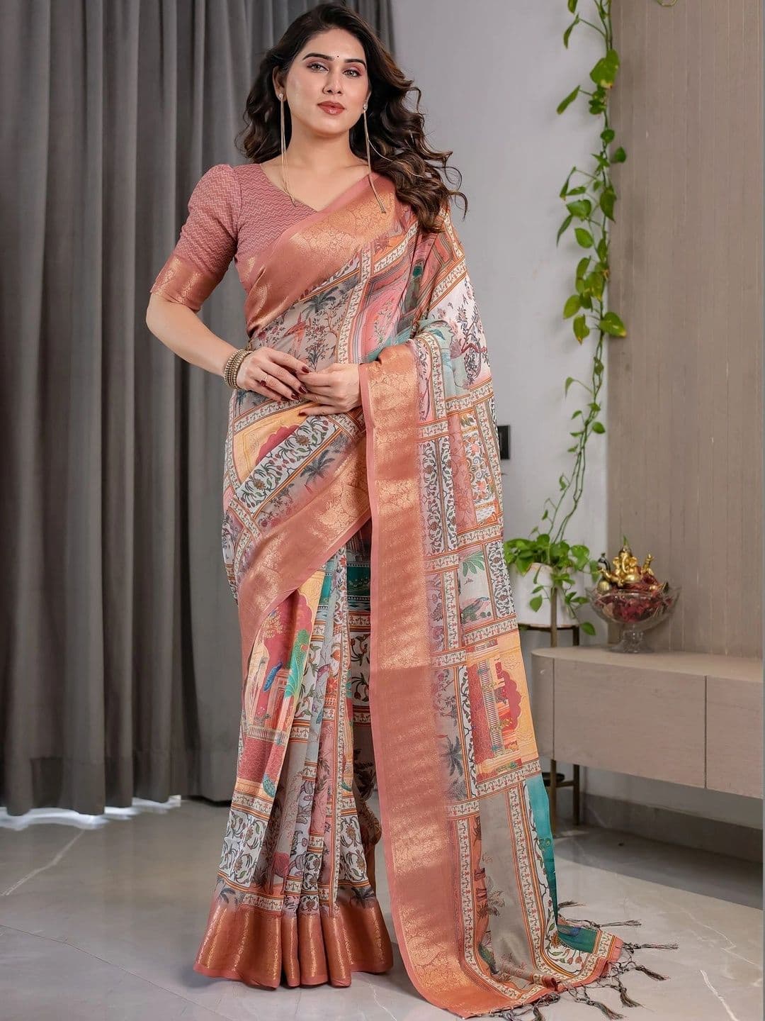 VS MALL Floral Zari Linen Blend Saree - view 1
