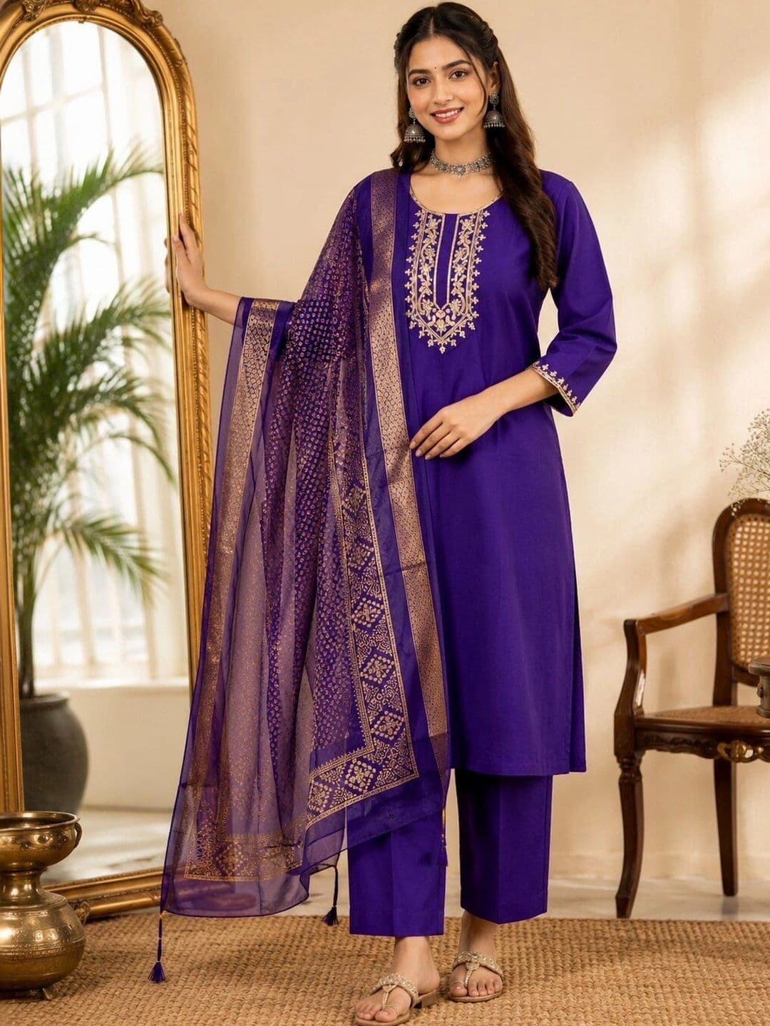 KALINI Women Ethnic Motifs Embroidered Regular Thread Work Kurta with Trousers & With Dupatta thumbnail 2
