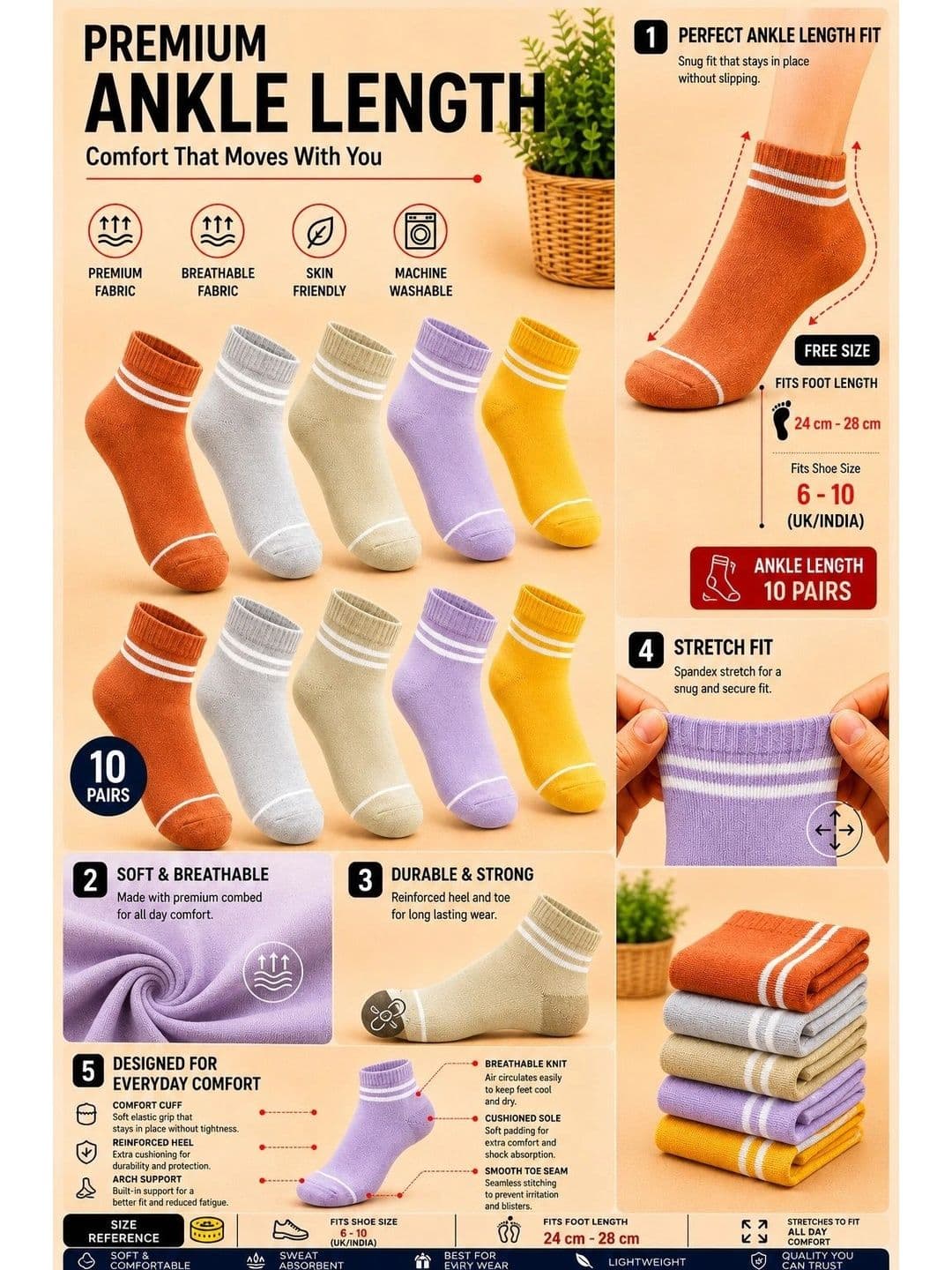 ADDOSSO Men Pack of 10 Cotton Assorted Striped Ankle Length Socks thumbnail 5