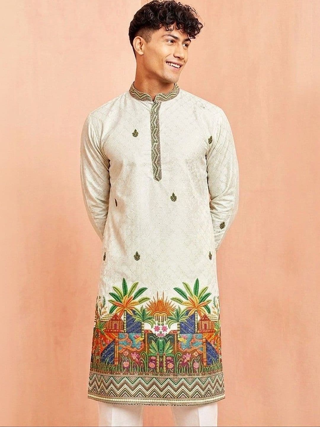 VELKYNOX Men Ethnic Motifs Embroidered Thread Work Kurta thumbnail 3