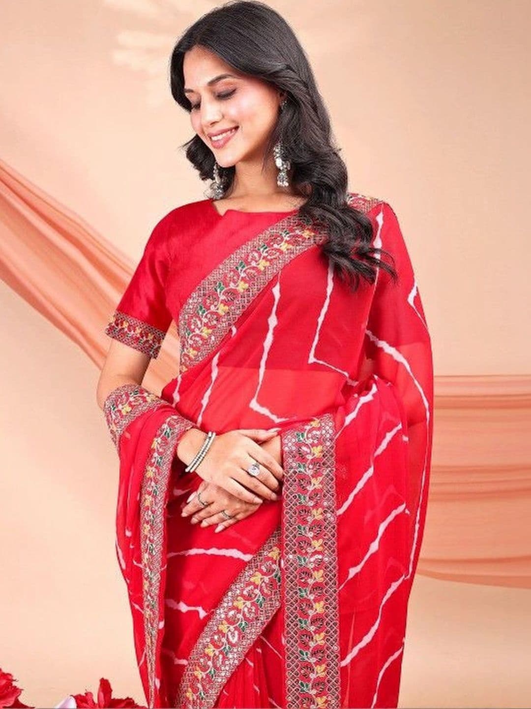 Leelavati Striped Printed Pure Georgette Bandhani Saree With Embroidered Border thumbnail 7