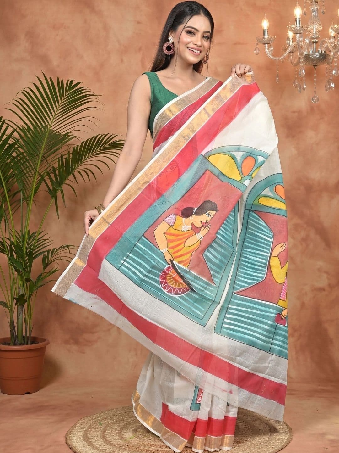 PuJoy Ethnic Motifs Sequinned Pure Cotton Handloom Taant Saree - view 1