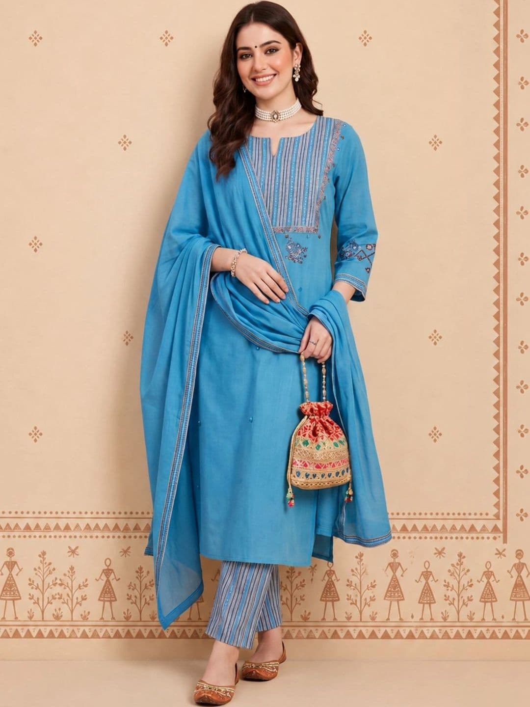 Anouk Women Ethnic Motifs Embroidered Regular Thread Work Pure Cotton Kurta with Trousers & With Dupatta thumbnail 4