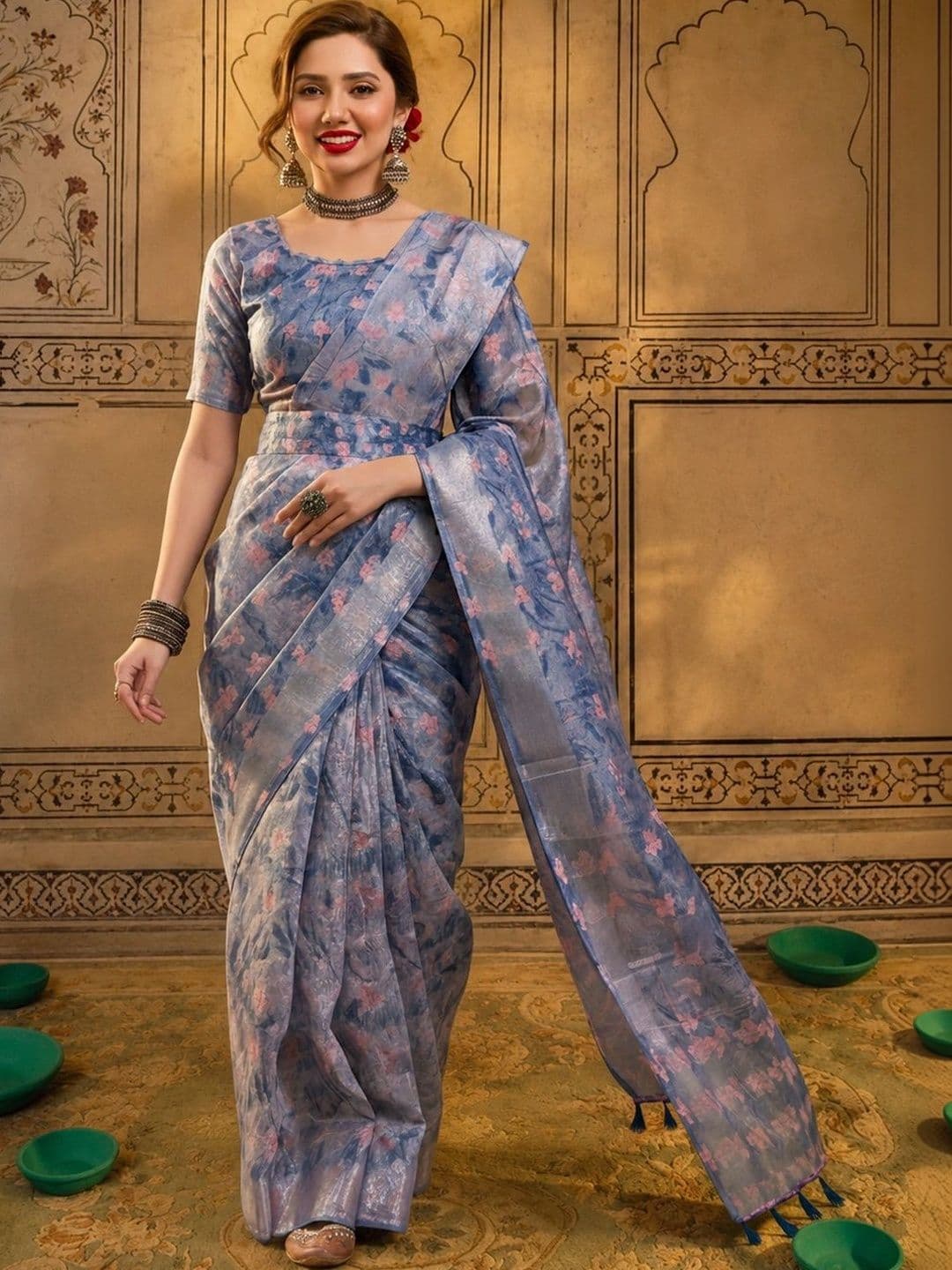Mitera Floral Zari Silk Cotton Fusion Saree - view 1