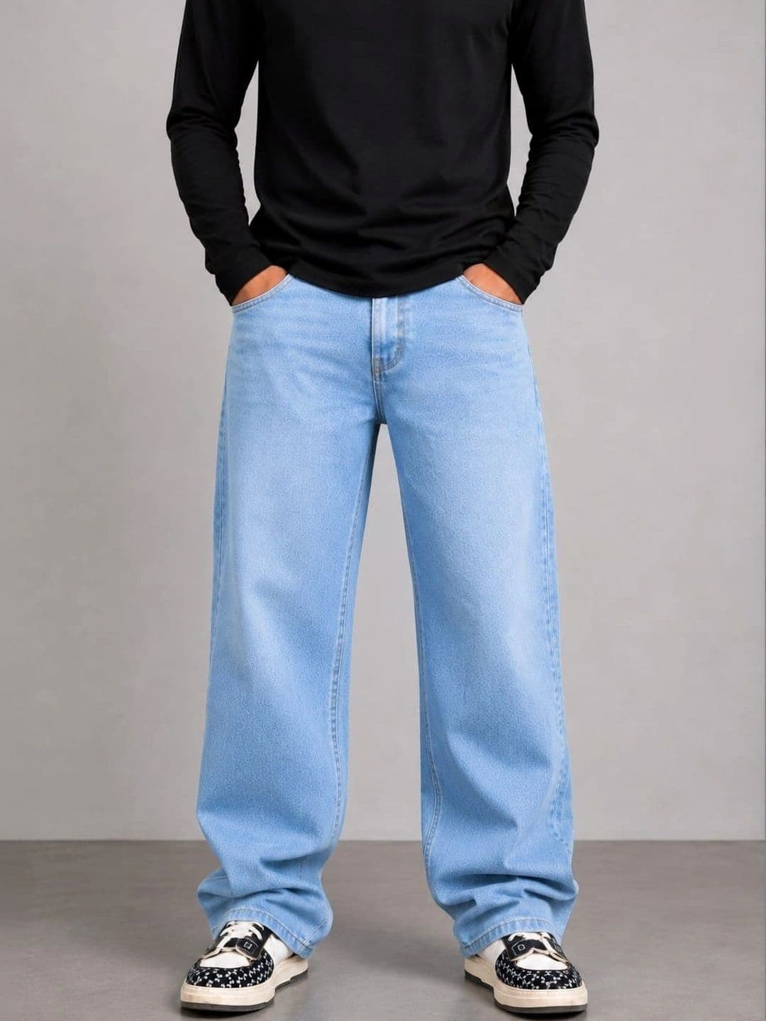 VK CULTURE Men Wide Leg Mid-Rise Light Fade Printed Jeans thumbnail 4