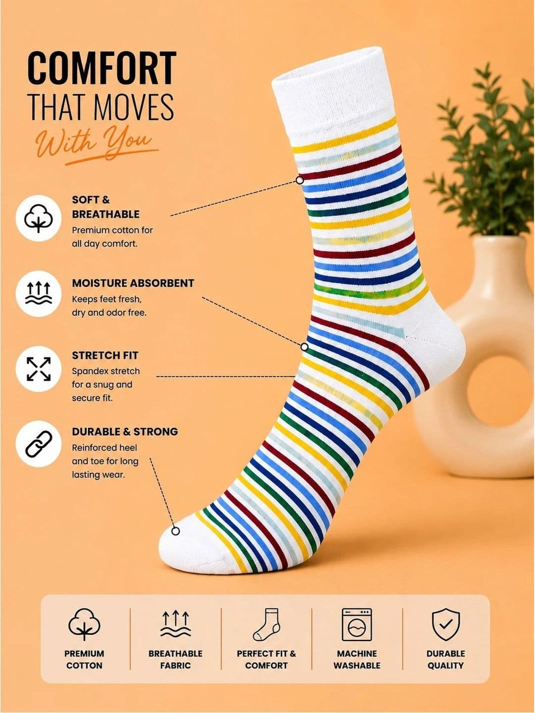 ADDOSSO Men Pack of 3 Cotton Assorted Striped Calf Length Socks thumbnail 4