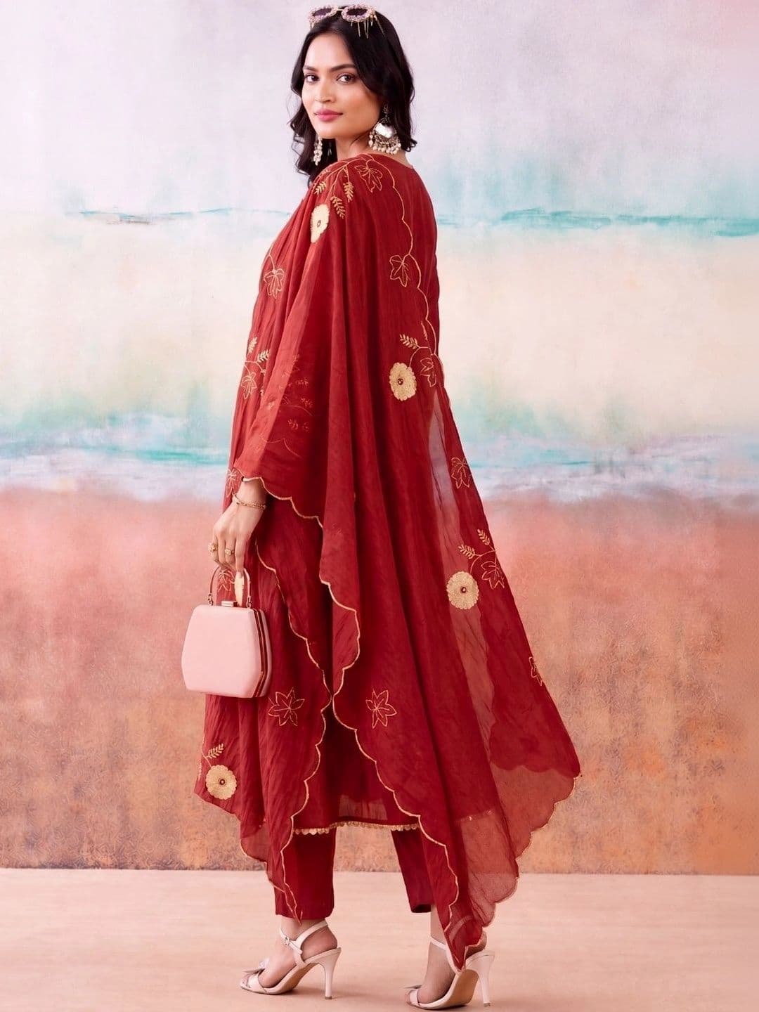 Anouk Women Floral Embroidered Regular Thread Work Chanderi Silk Kurta with Trousers & With Dupatta thumbnail 6