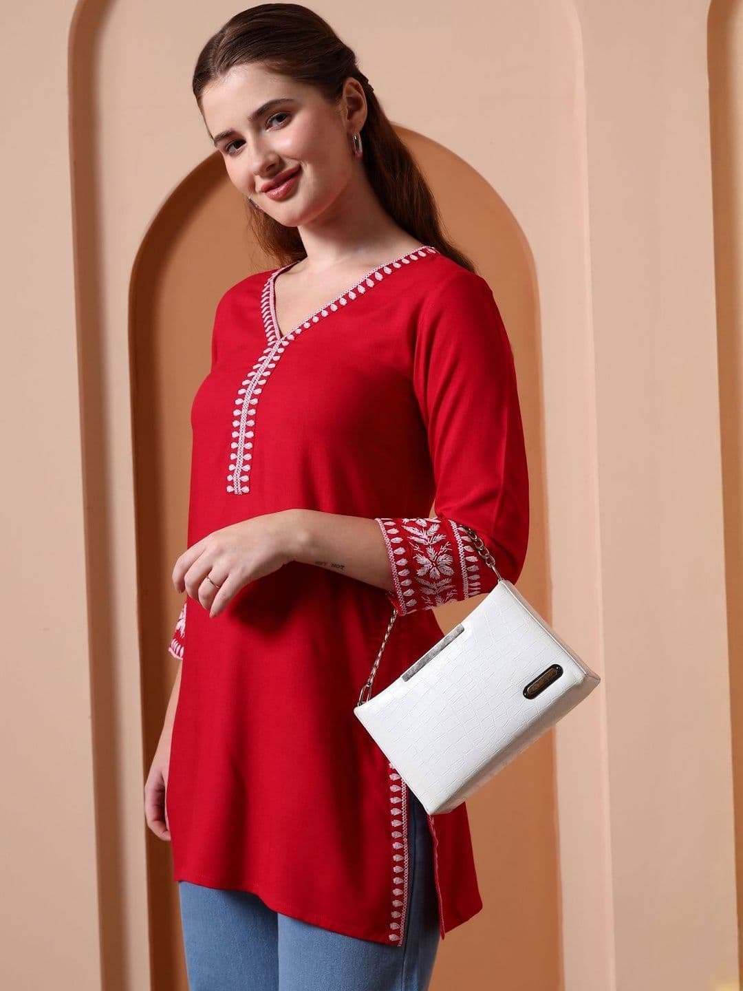 YASH GALLERY Floral Embroidered V-Neck Kurti thumbnail 6