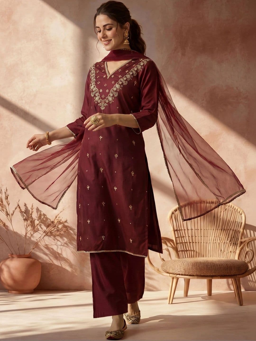 AVANSHEE Women Ethnic Motifs Embroidered Regular Kurta with Trousers & With Dupatta - view 1