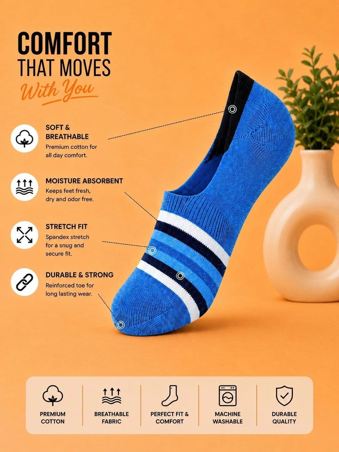 ADDOSSO Men Pack of 3 Cotton Assorted Striped Shoe Liners Socks thumbnail 5