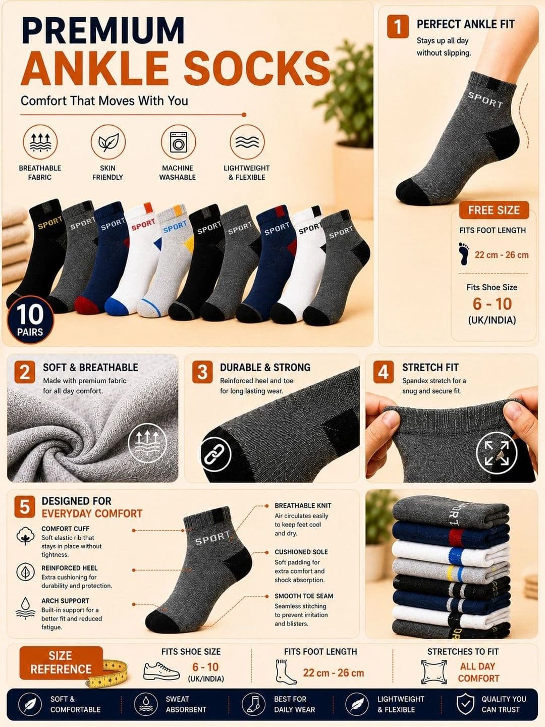 ADDOSSO Men Pack of 10 Cotton Assorted Patterned Ankle Length Socks thumbnail 4