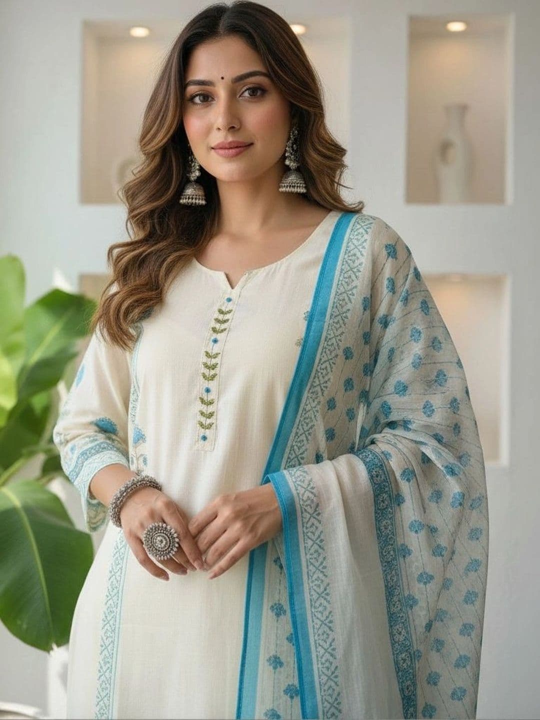 Anouk Women Ethnic Motifs Printed Regular Thread Work Pure Cotton Kurta with Trousers & With Dupatta thumbnail 6