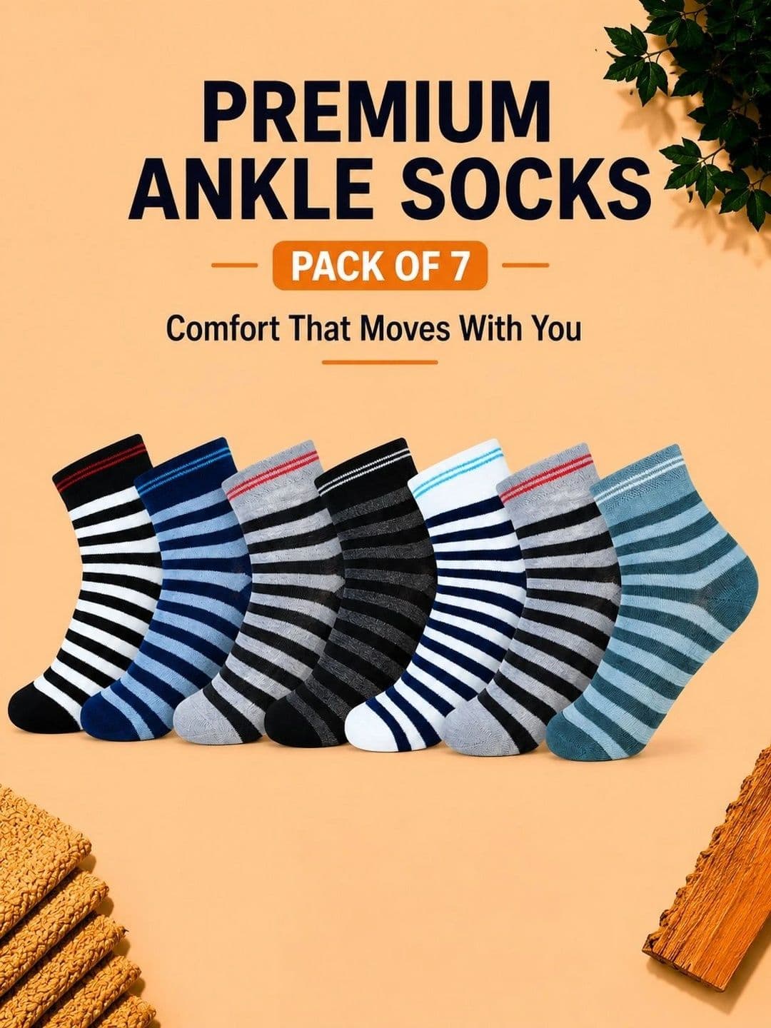 ADDOSSO Men Pack of 7 Cotton Assorted Striped Ankle Length Socks thumbnail 3