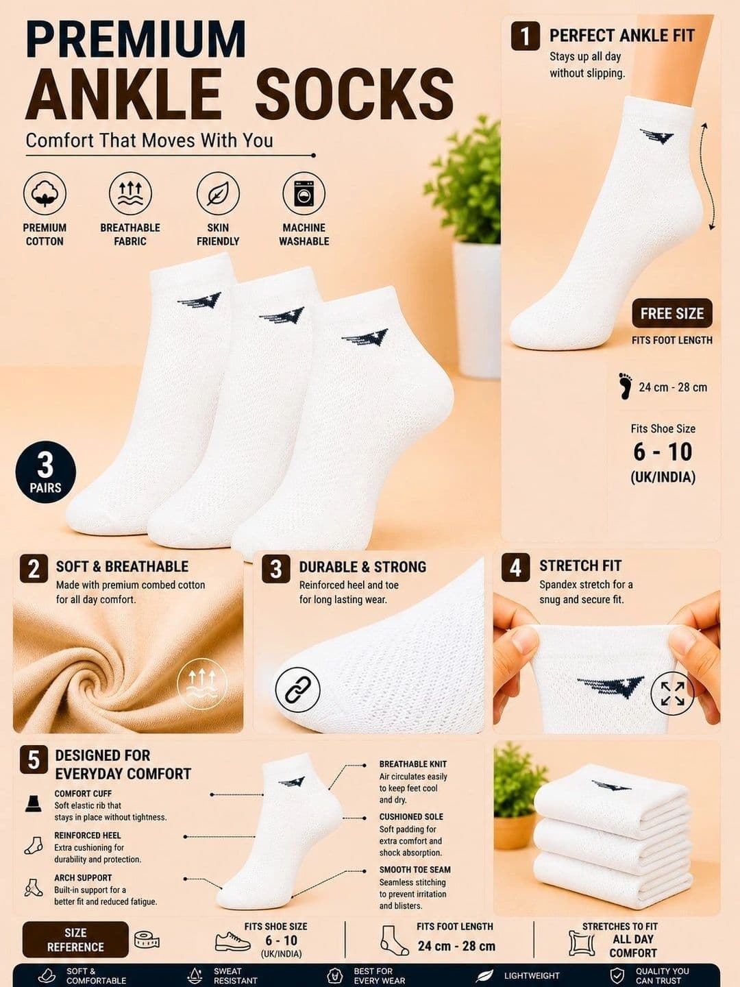 ADDOSSO Men Pack of 3 Cotton Assorted Ankle Length Socks thumbnail 2