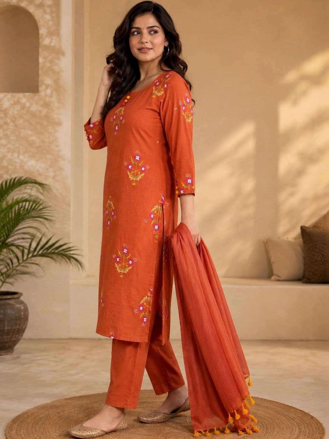 Siaraa Women Ethnic Motifs Embroidered Regular Thread Work Pure Cotton Kurta with Trousers & With Dupatta thumbnail 2