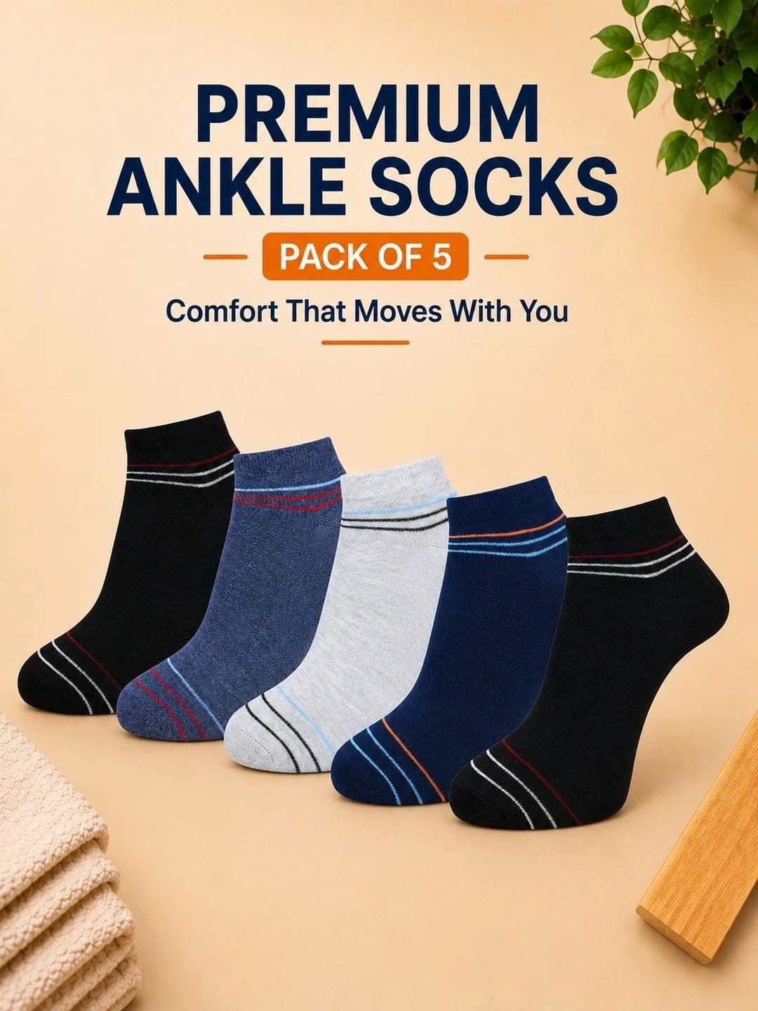 ADDOSSO Men Pack of 5 Cotton Assorted Striped Ankle Length Socks thumbnail 5