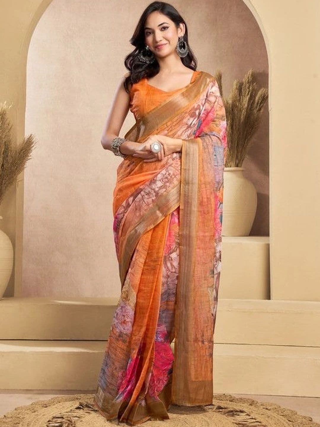 plothah Floral Linen Blend Reay To Wear Saree - view 1