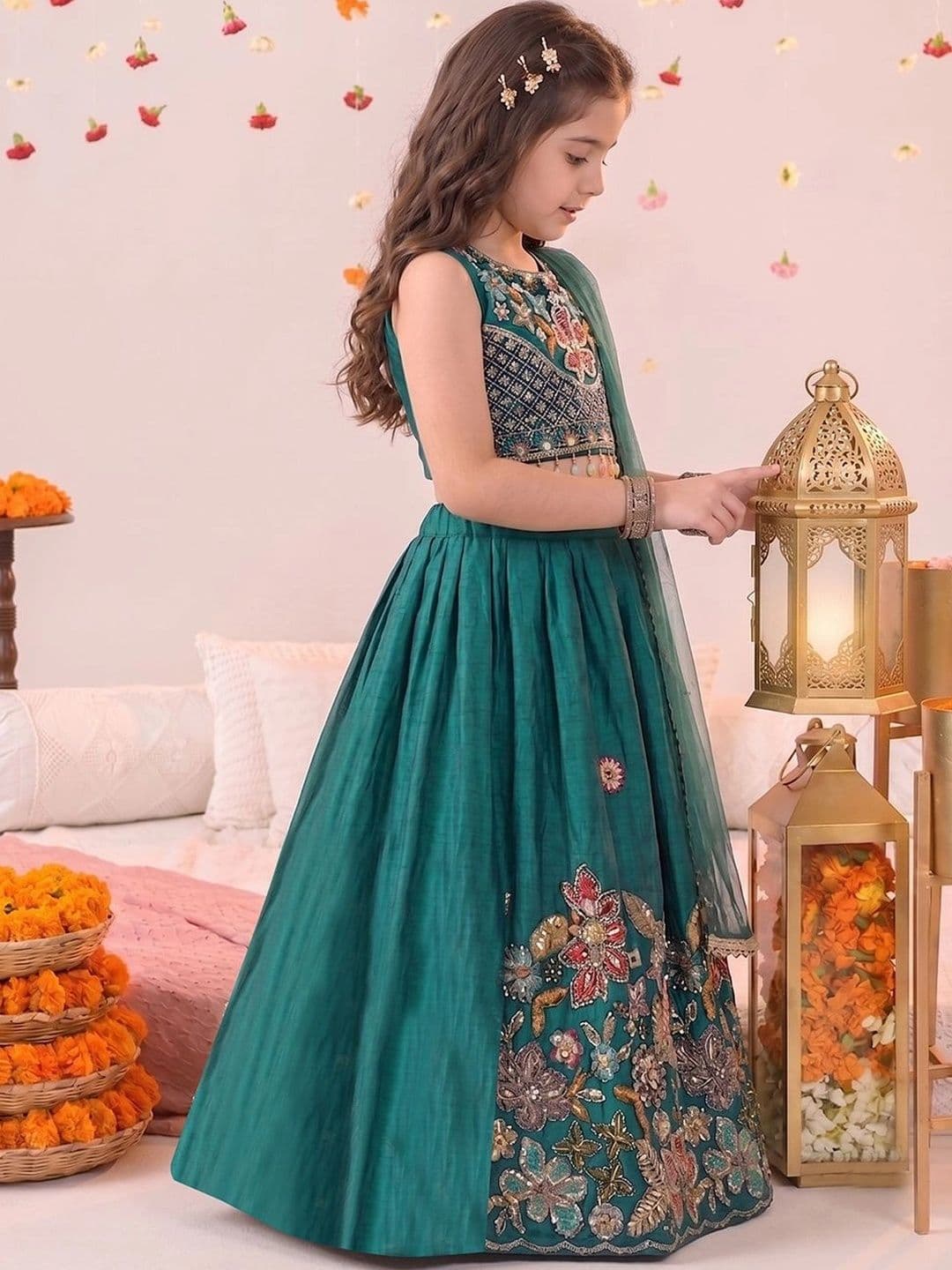 FASHION DREAM Girls Embroidered Sequinned Ready to Wear Lehenga & Blouse With Dupatta thumbnail 2