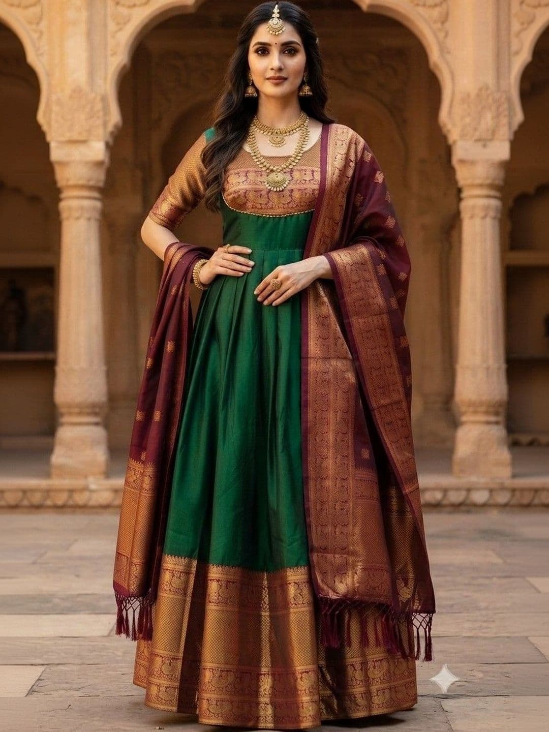 SmileyFashion Woven Design Round Neck Maxi Dress With Dupatta thumbnail 3