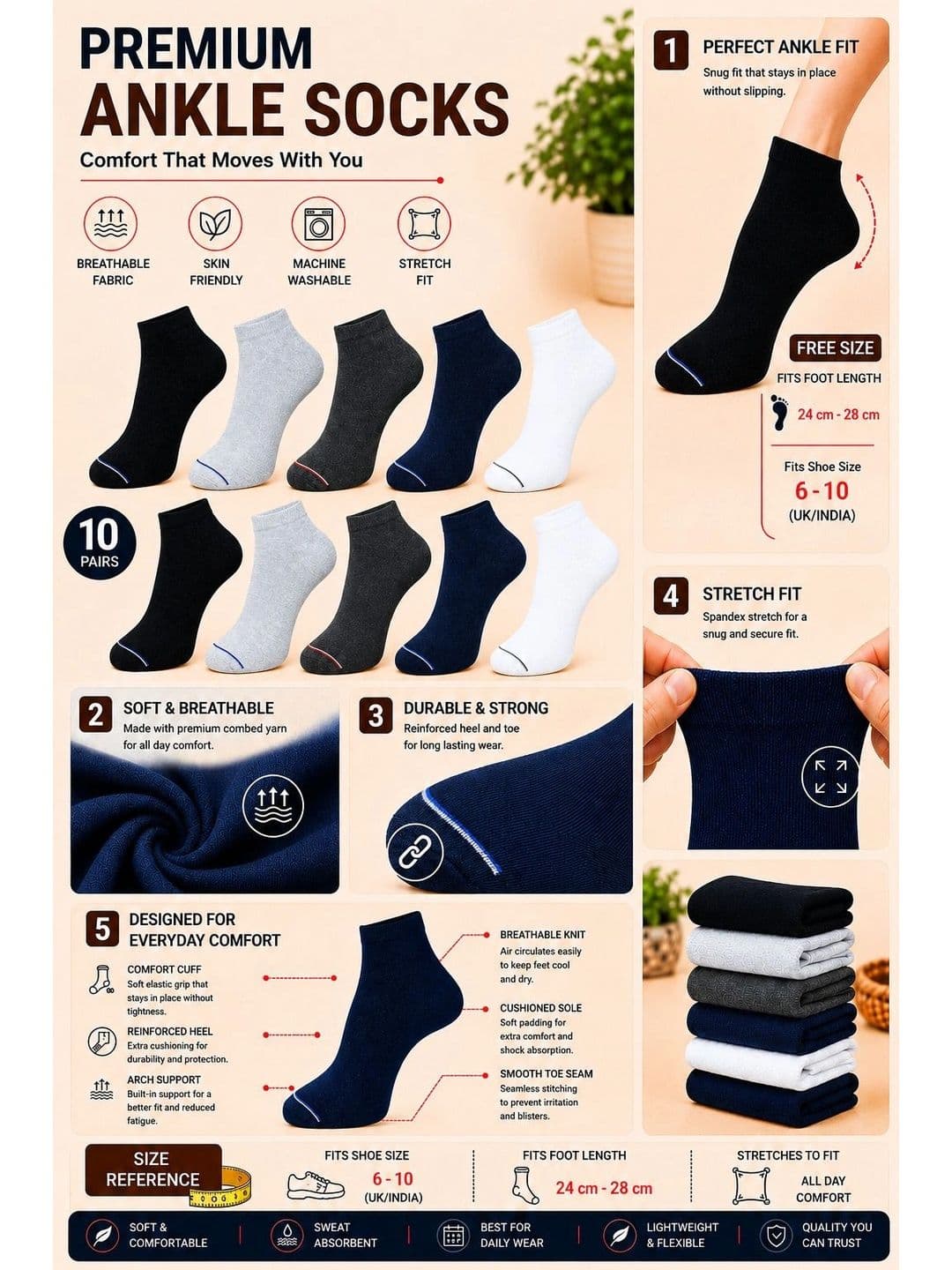 ADDOSSO Men Pack of 10 Cotton Assorted Ankle Length Socks thumbnail 5