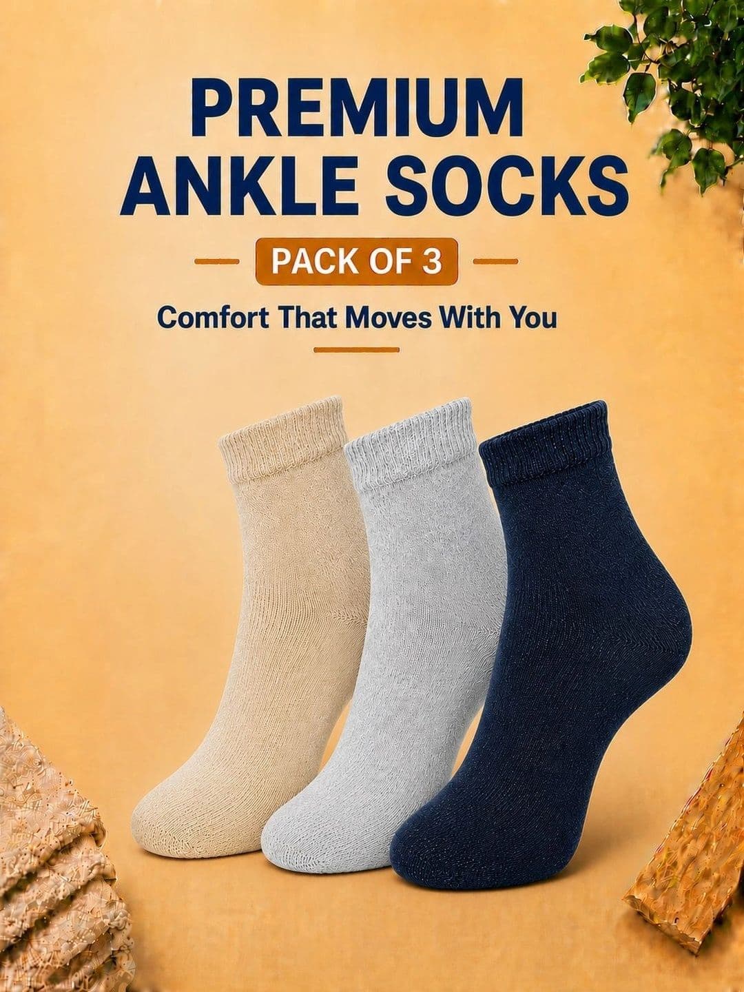 ADDOSSO Men Pack of 3 Cotton Assorted Ankle Length Socks thumbnail 3
