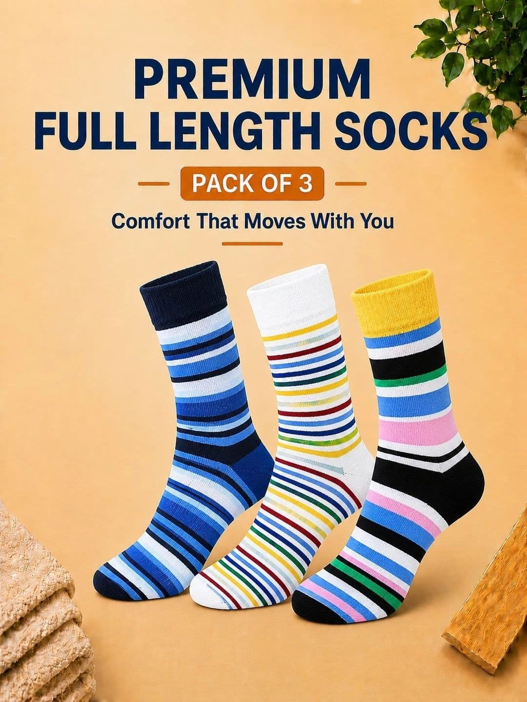 ADDOSSO Men Pack of 3 Cotton Assorted Striped Calf Length Socks thumbnail 2