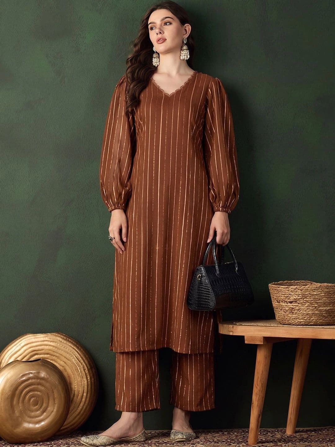 Sangria Women Regular Silk Crepe Kurta with Palazzos - view 1