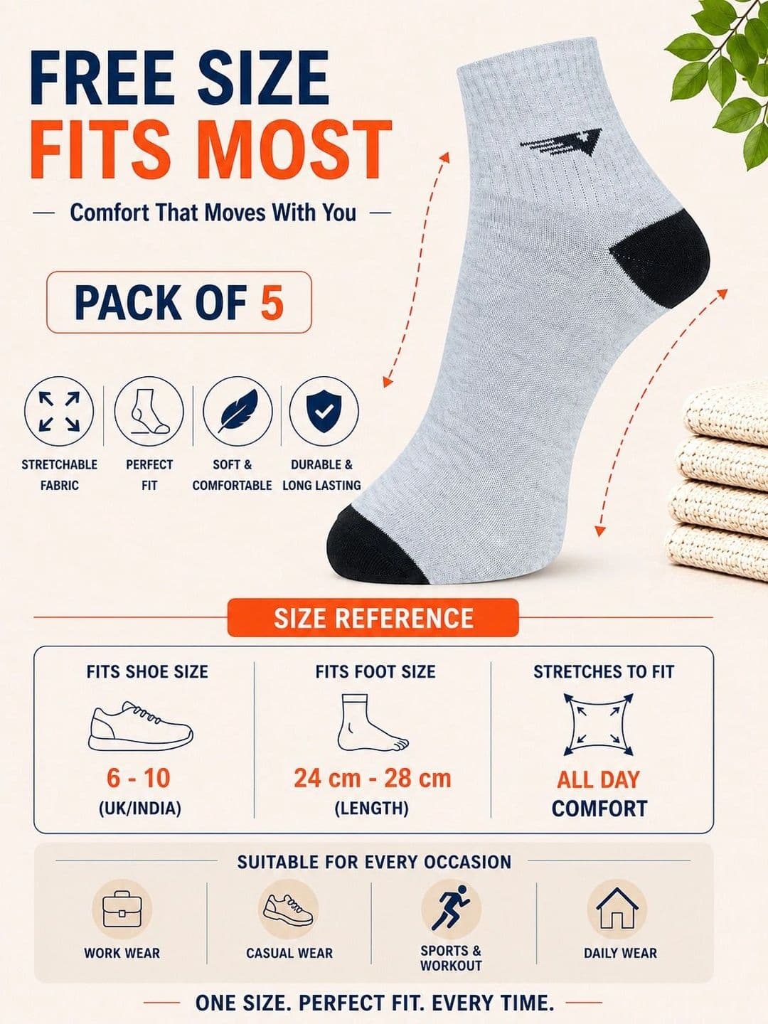 ADDOSSO Men Pack of 5 Cotton Assorted Ankle Length Socks thumbnail 2