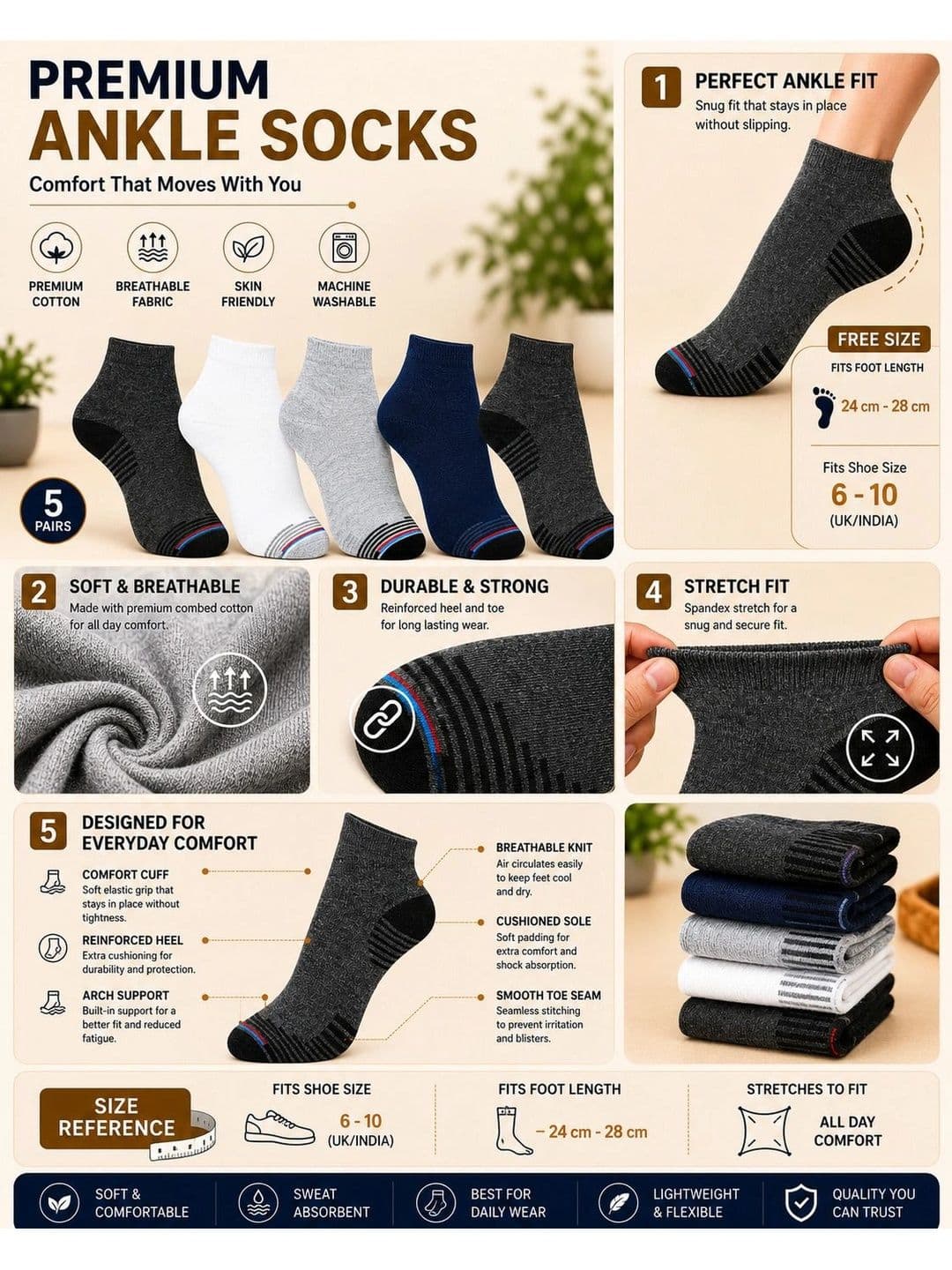 ADDOSSO Men Pack of 5 Cotton Assorted Striped Above Ankle Socks thumbnail 5