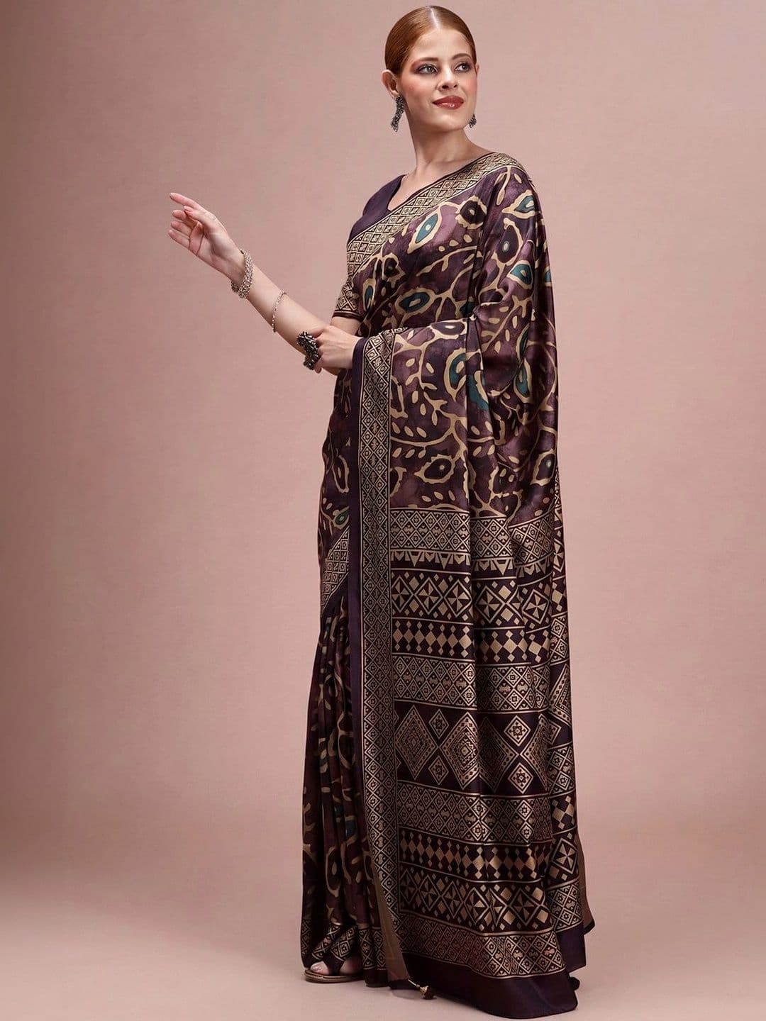 Sangria Ethnic Motifs Silk Blend Designer Block Print Saree thumbnail 6
