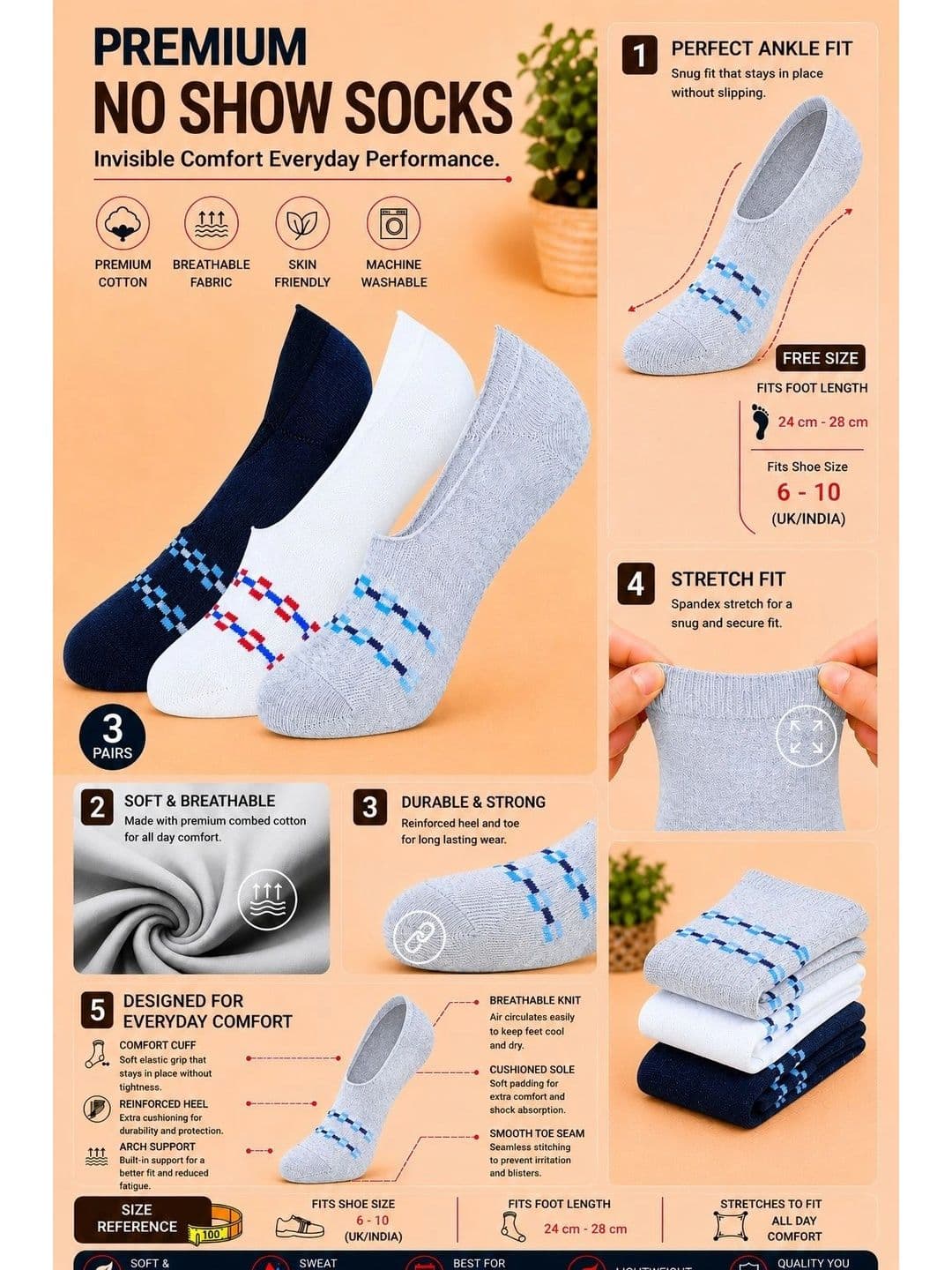 ADDOSSO Men Pack of 3 Cotton Assorted Patterned Shoe Liners Socks thumbnail 4