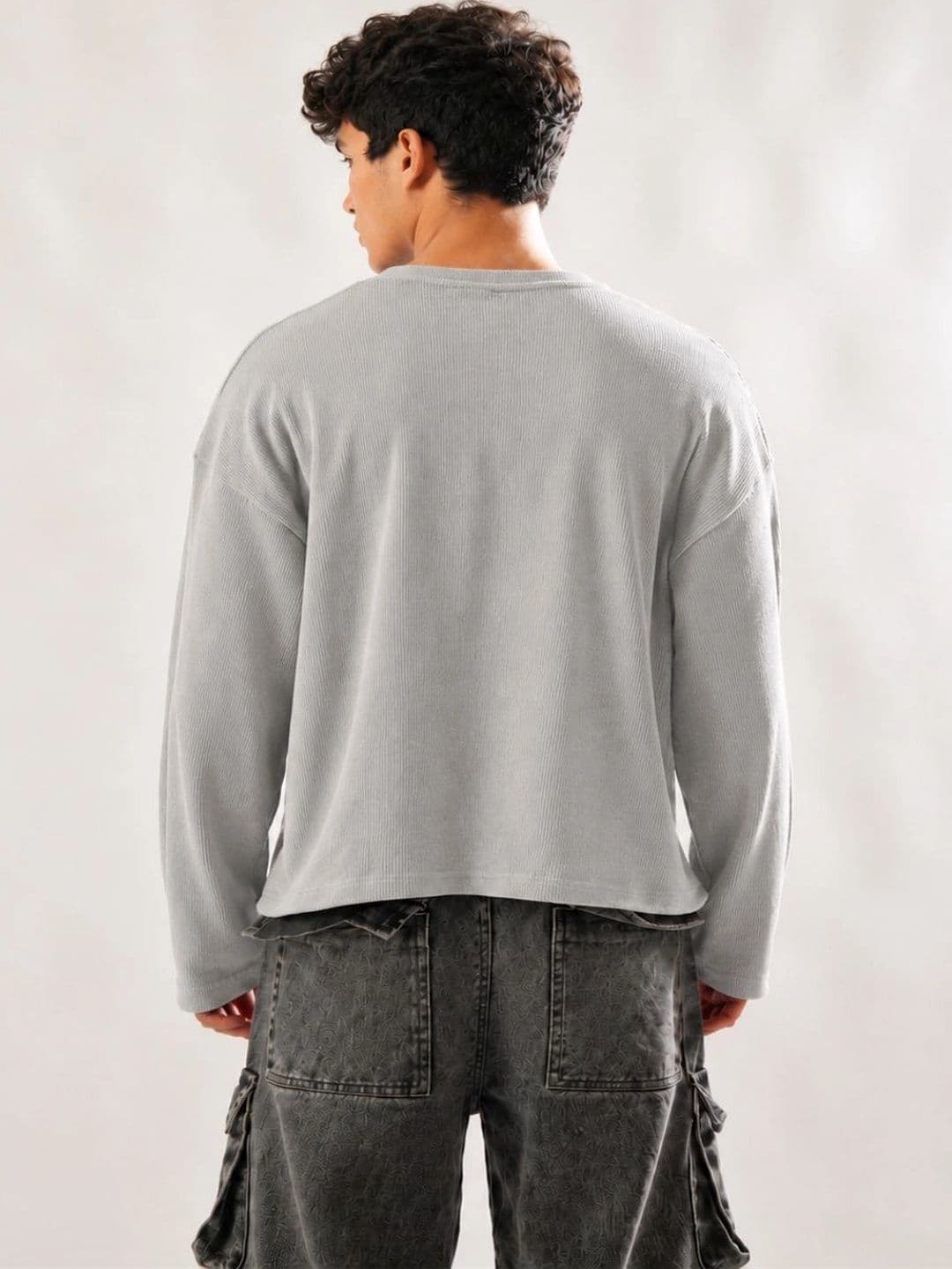 BEOVER Men Boxy Fit Solid Grey T-shirt thumbnail 4