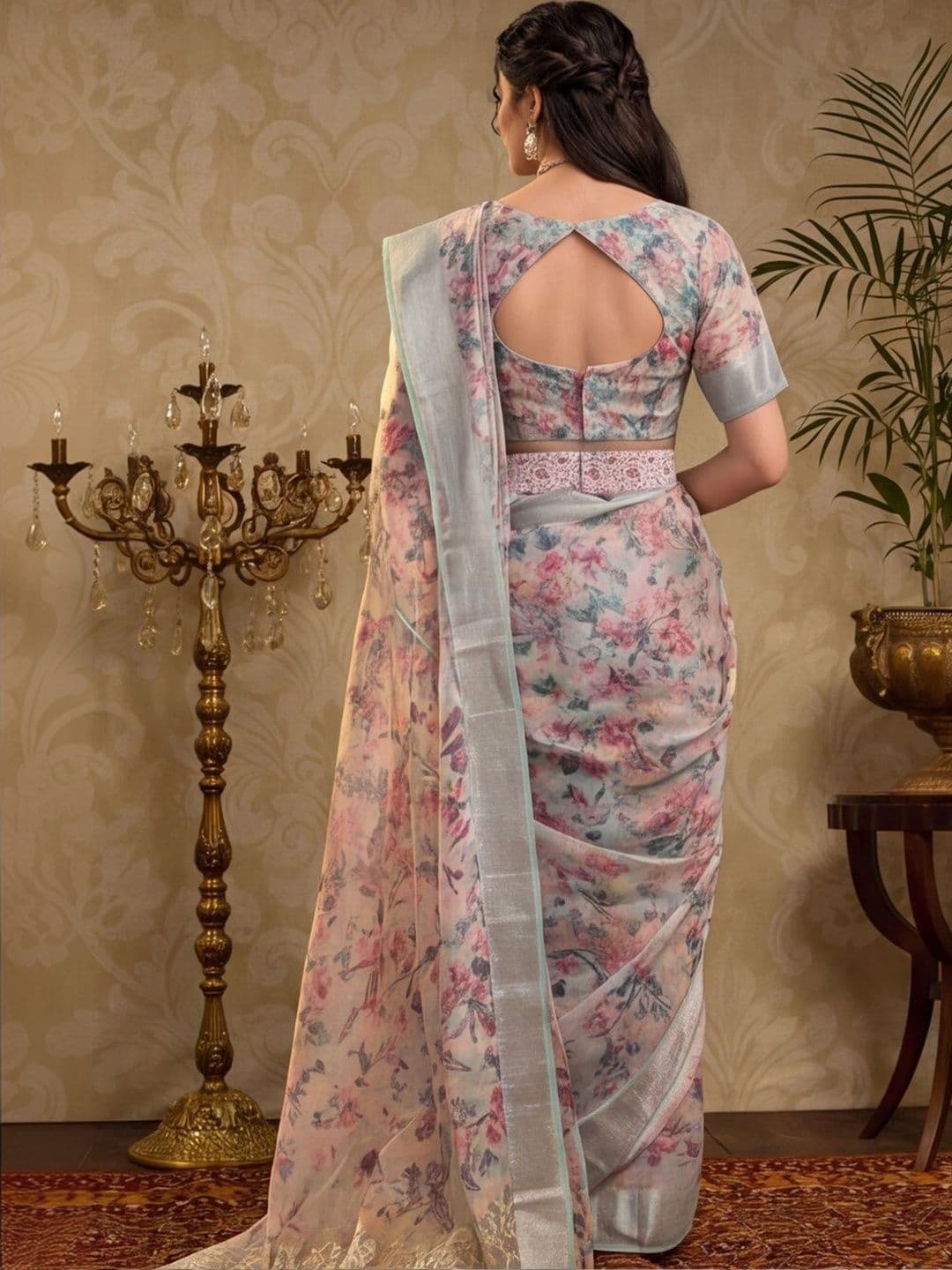 Mitera Floral Zari Silk Cotton Fusion Saree thumbnail 2