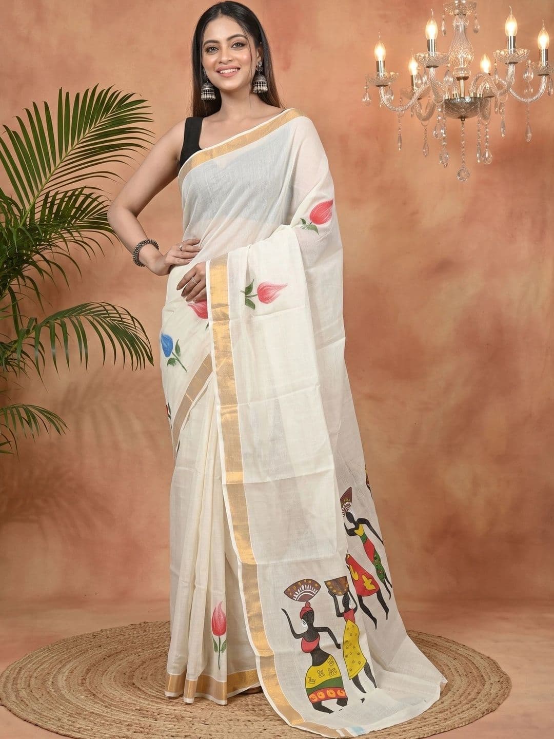 PuJoy Ethnic Motifs Sequinned Pure Cotton Handloom Taant Saree thumbnail 4