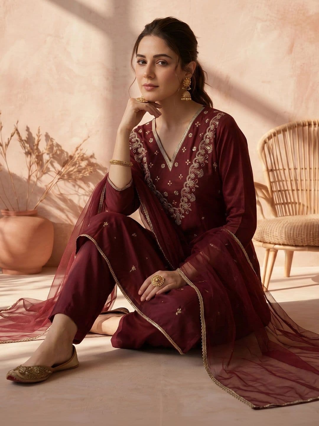 AVANSHEE Women Ethnic Motifs Embroidered Regular Kurta with Trousers & With Dupatta thumbnail 3