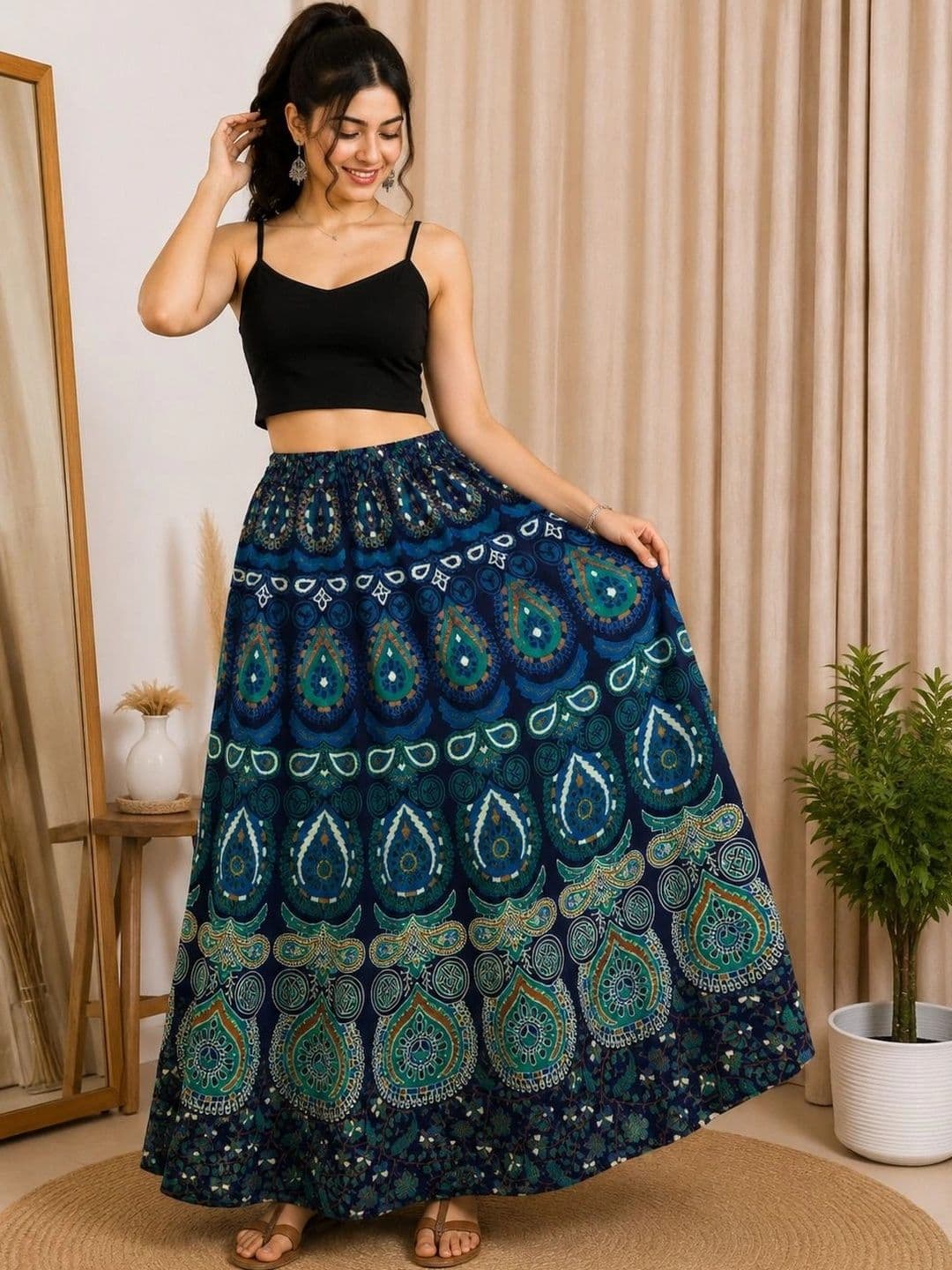 HIMCARE Women Cotton Cambric Paisley Bohemian Maxi Flared Skirt - view 1
