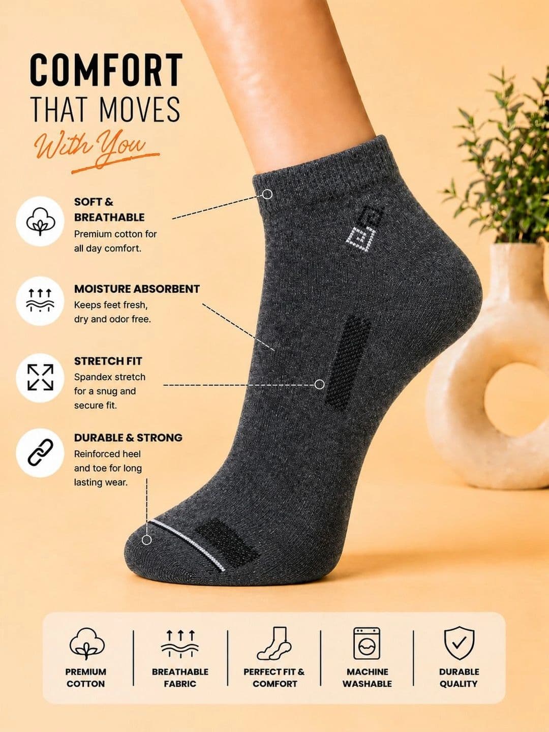 ADDOSSO Men Pack of 5 Cotton Assorted Ankle Length Socks thumbnail 3