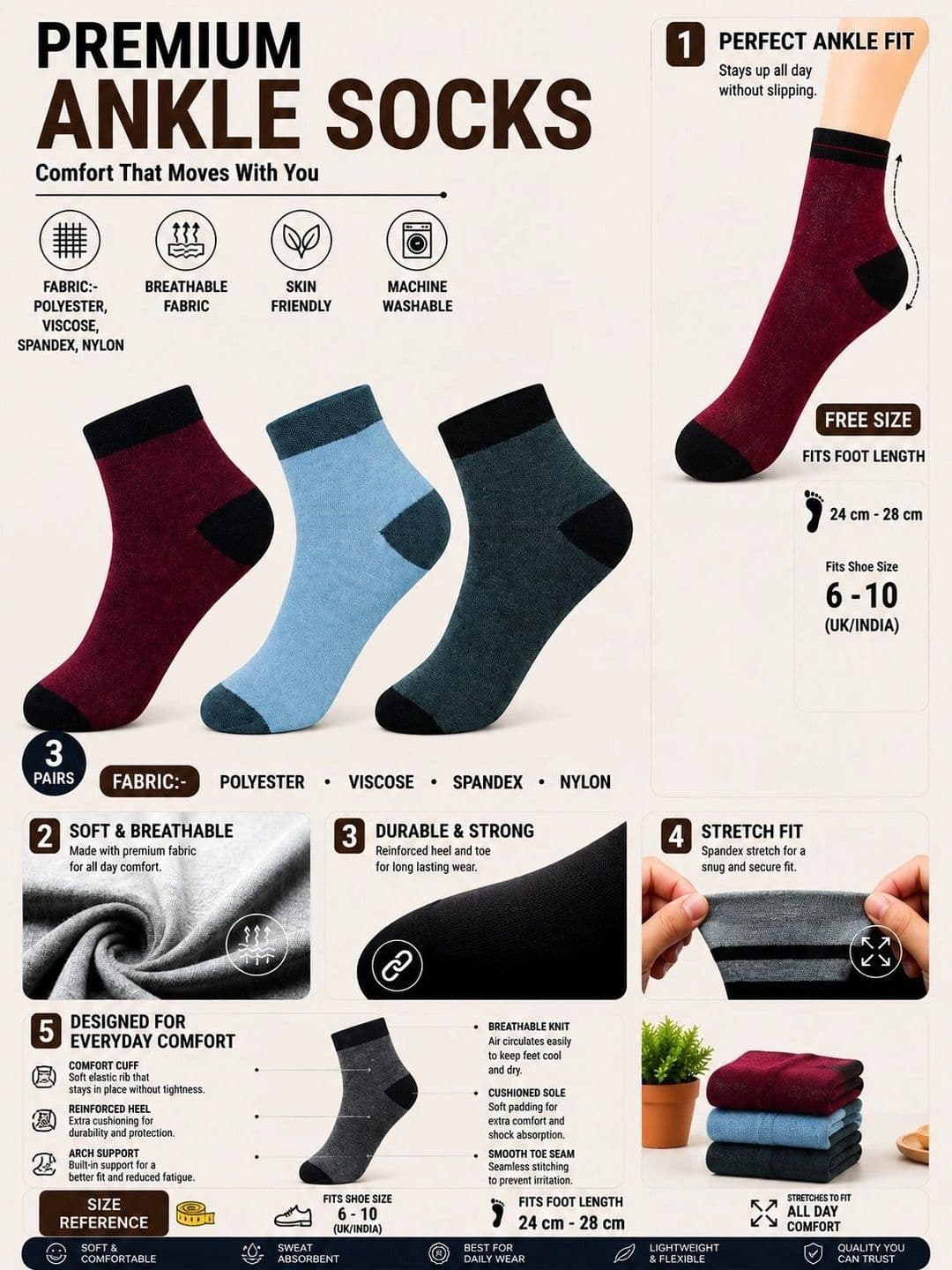 ADDOSSO Men Pack of 3 Cotton Assorted Colourblocked Ankle Length Socks thumbnail 5