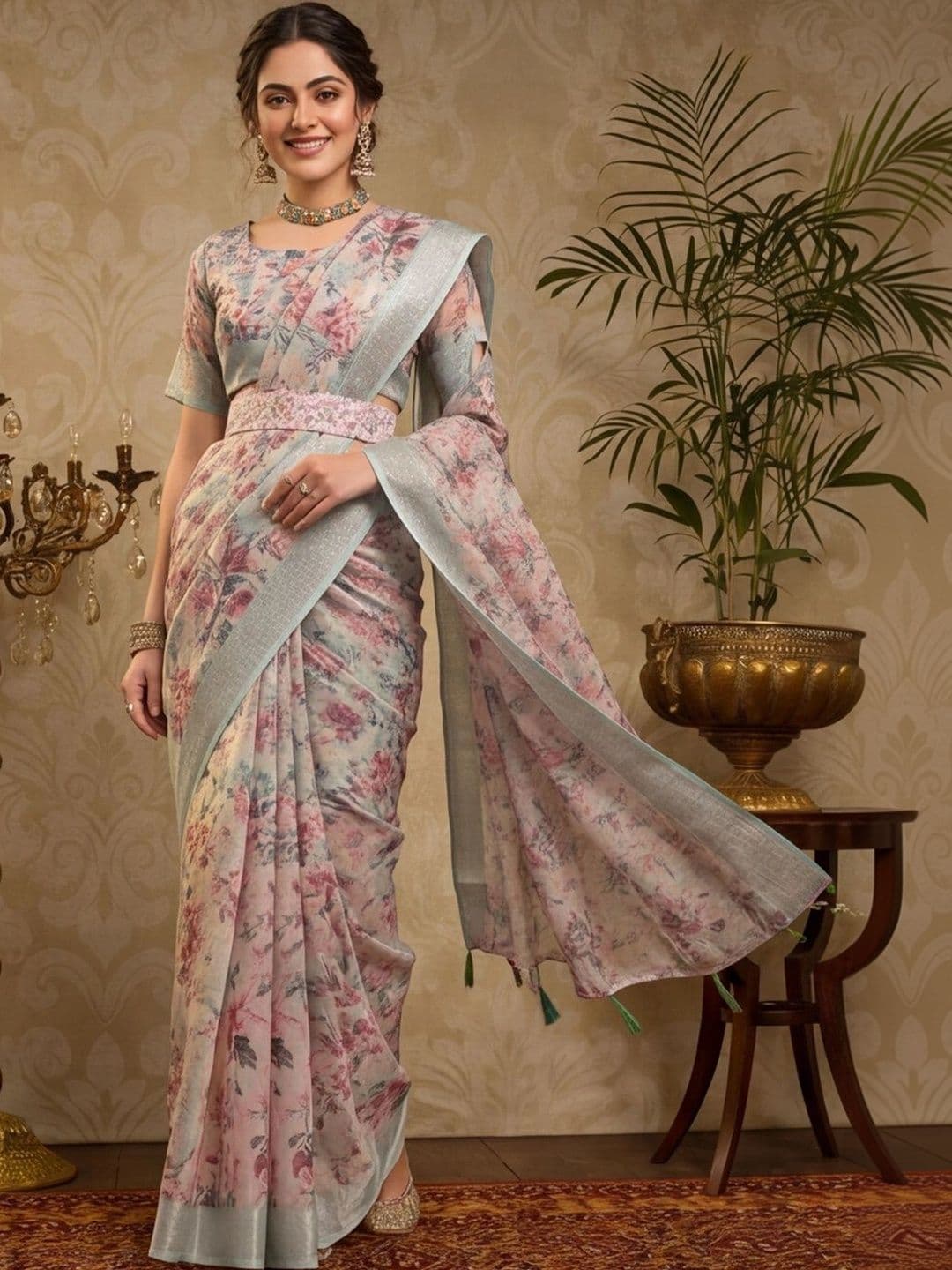 Mitera Floral Zari Silk Cotton Fusion Saree - view 1