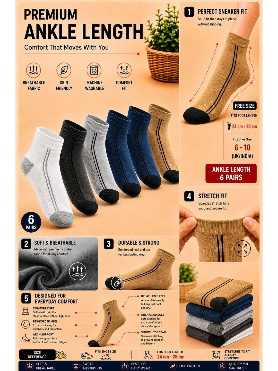 ADDOSSO Men Pack of 6 Cotton Assorted Striped Ankle Length Socks thumbnail 2