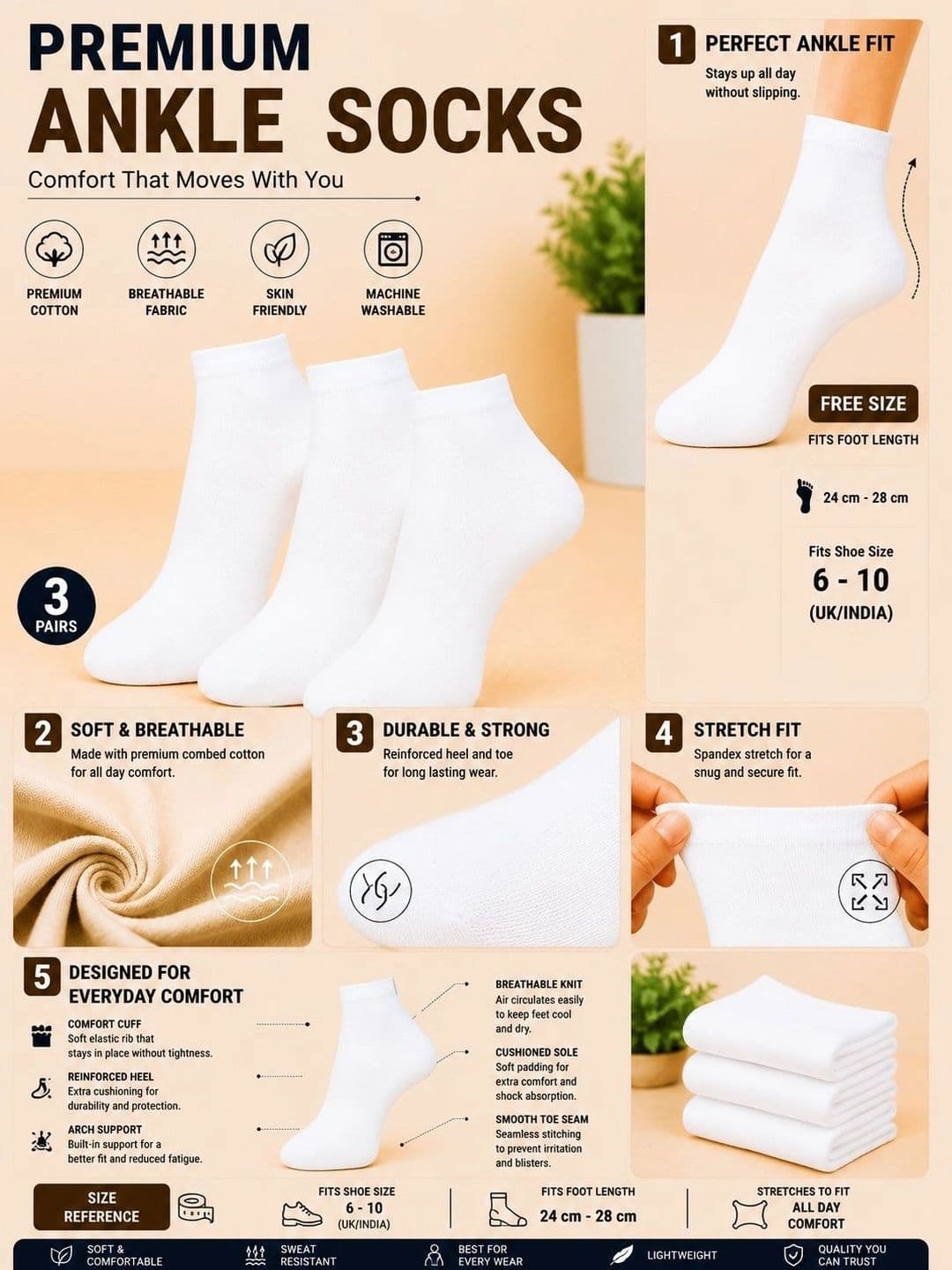 ADDOSSO Men Pack of 3 Cotton Assorted Ankle Length Socks thumbnail 3