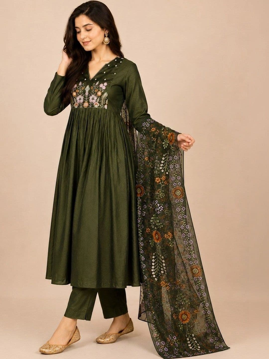 ZARVIKA Women Floral Embroidered Empire Thread Work Kurta with Trousers & With Dupatta thumbnail 2