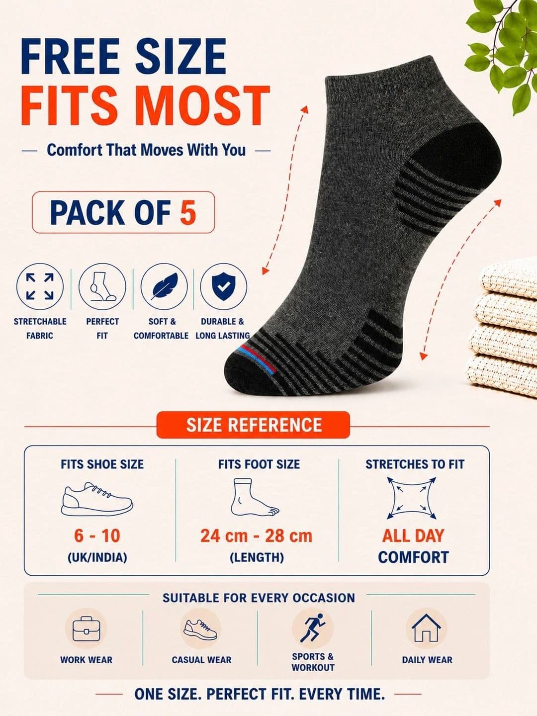 ADDOSSO Men Pack of 5 Cotton Assorted Striped Above Ankle Socks thumbnail 4