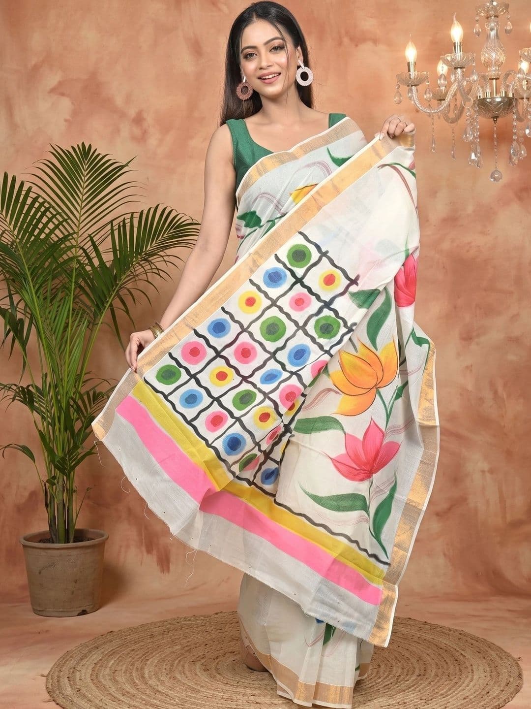 PuJoy Floral Sequinned Pure Cotton Handloom Taant Saree - view 1